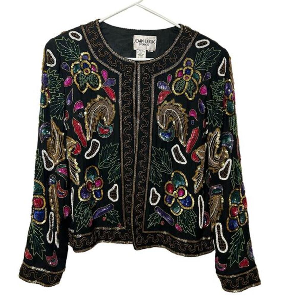 Vtg Joan‎ Leslie 1980s 100% Silk Sequin Beaded Jacket Open RARE Formal Size M